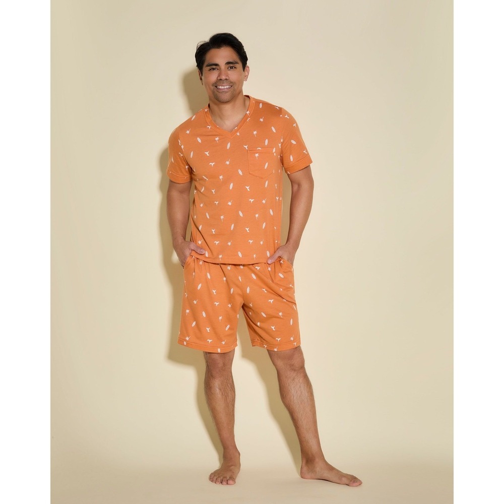 Cosabella Mens Orange Surf‎ Print Pajama Lounge Set V-Neck Shorts Size Large New